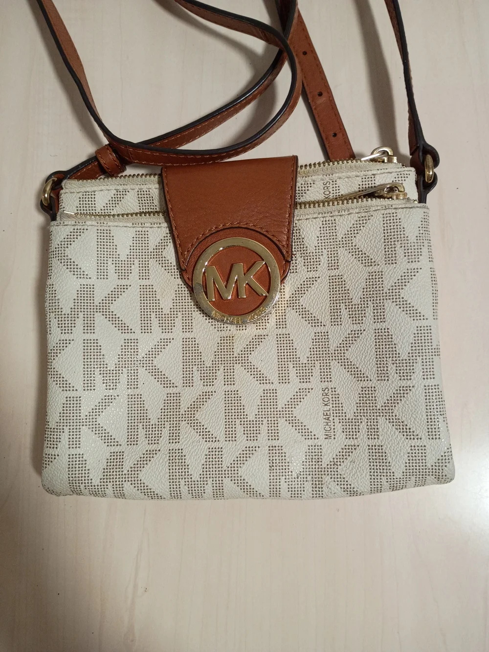 Michael Kors Beige & Brown MK Logo Crossbody Bag